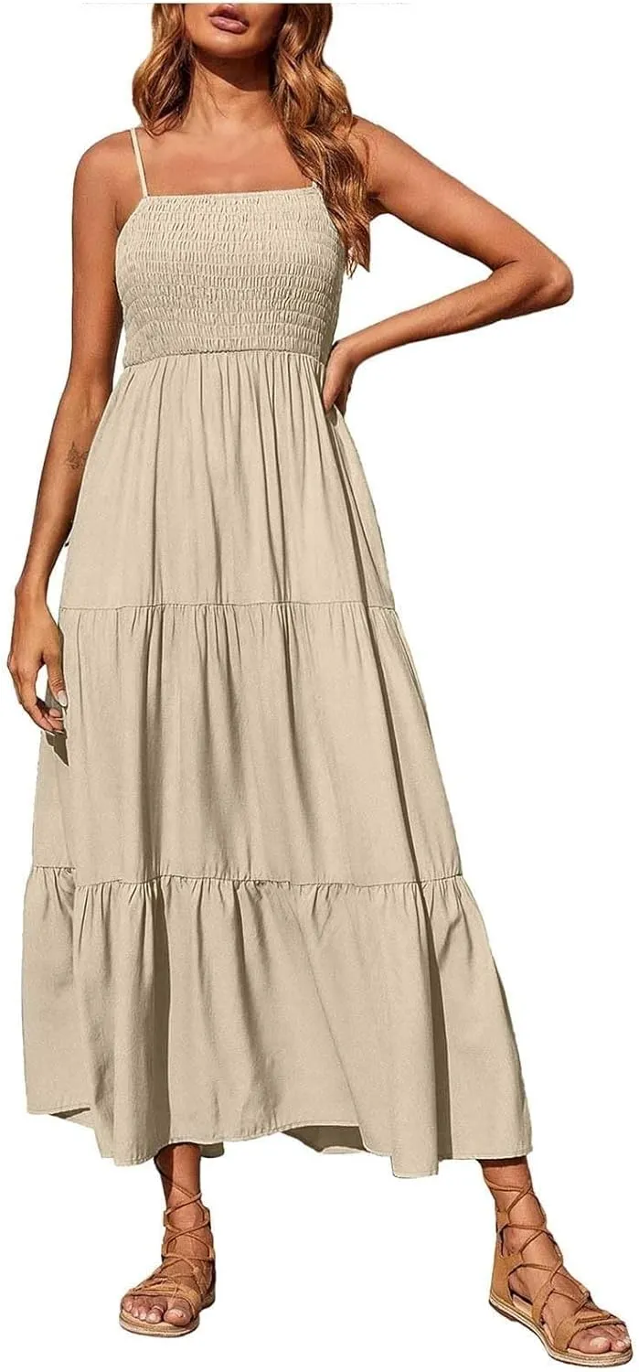 Sleeveless Spaghetti Strap Beach Dresses for Women Hawaiian Midi Dress Boho High Waist Smocked Flowy Long Maxi Dress
