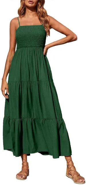 Sleeveless Spaghetti Strap Beach Dresses for Women Hawaiian Midi Dress Boho High Waist Smocked Flowy Long Maxi Dress