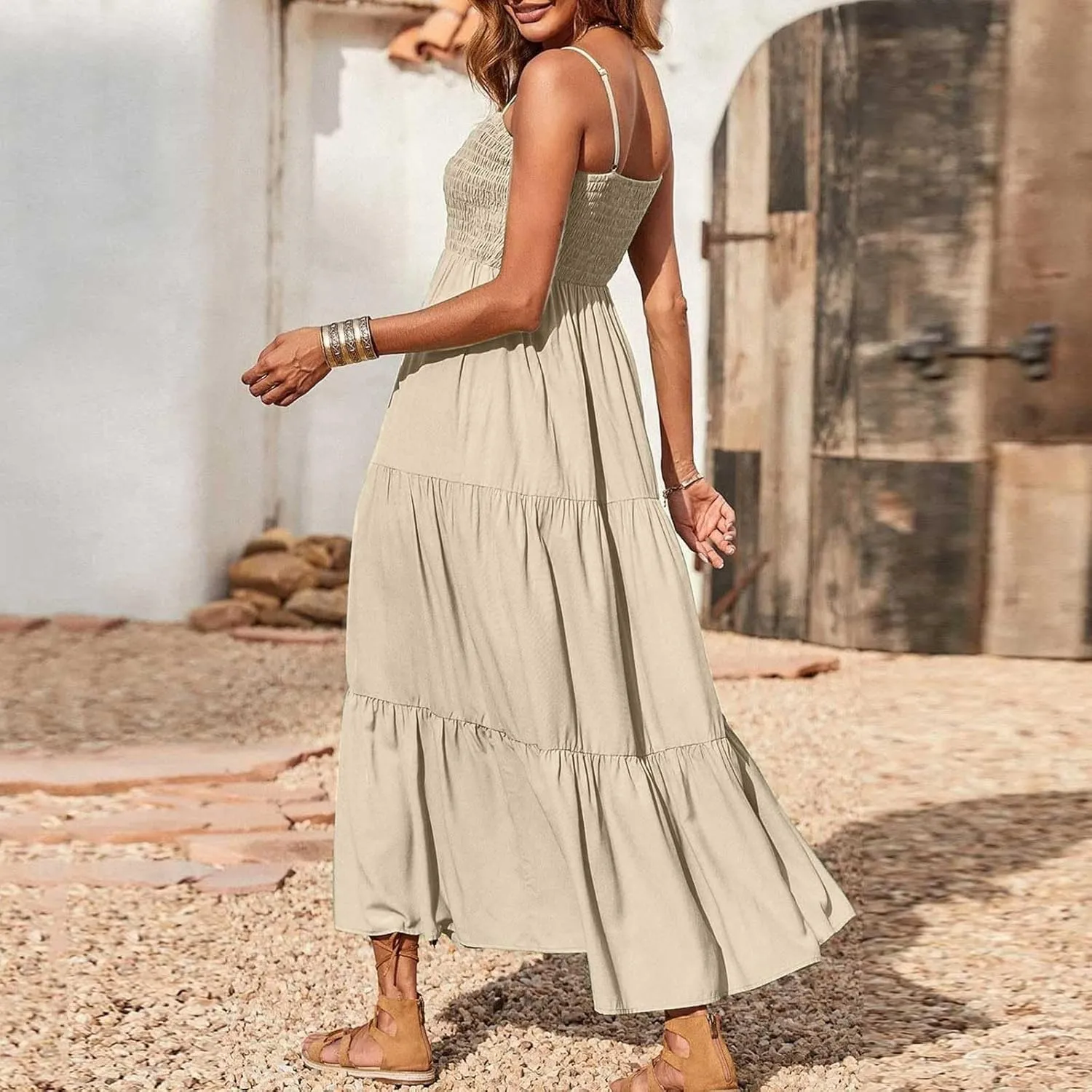 Sleeveless Spaghetti Strap Beach Dresses for Women Hawaiian Midi Dress Boho High Waist Smocked Flowy Long Maxi Dress