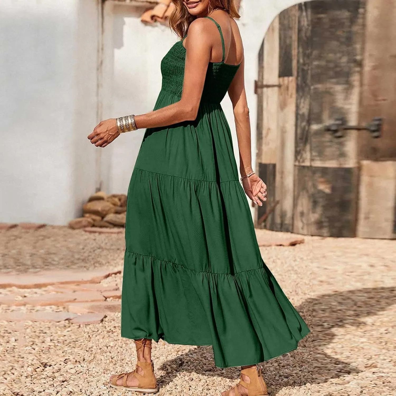 Sleeveless Spaghetti Strap Beach Dresses for Women Hawaiian Midi Dress Boho High Waist Smocked Flowy Long Maxi Dress