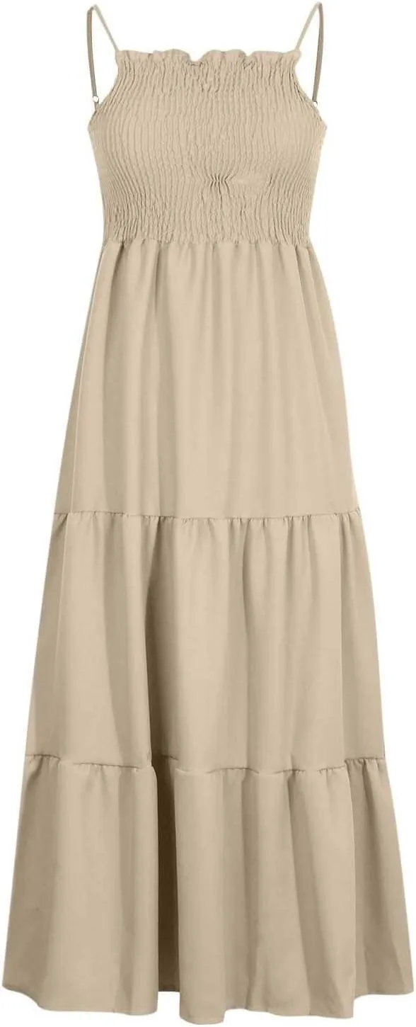 Sleeveless Spaghetti Strap Beach Dresses for Women Hawaiian Midi Dress Boho High Waist Smocked Flowy Long Maxi Dress