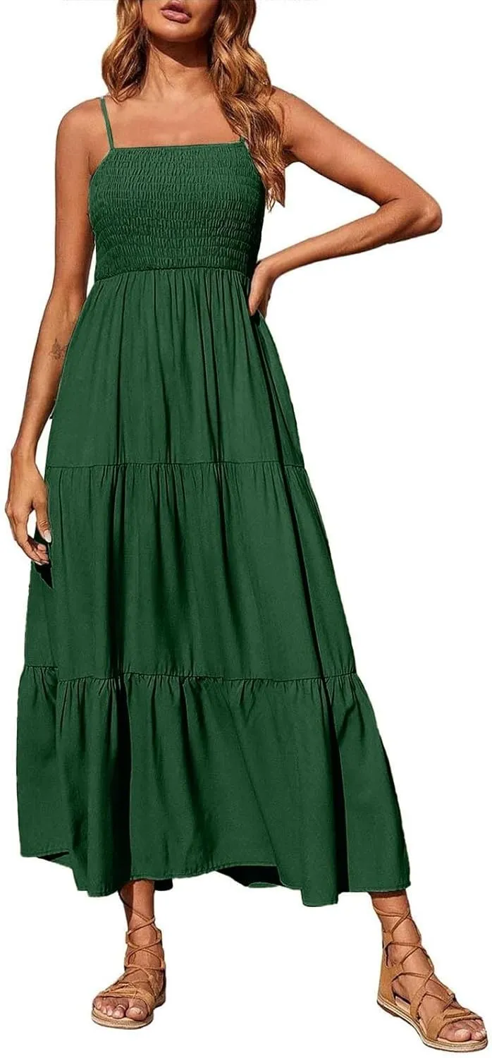 Sleeveless Spaghetti Strap Beach Dresses for Women Hawaiian Midi Dress Boho High Waist Smocked Flowy Long Maxi Dress