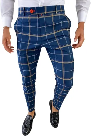 Slim Fit Plaid Pants for Men Casual Big & Tall Stretch Skinny Business Work Dress Pants Flat-Front Pocket Zipper Trouser Dark Blue