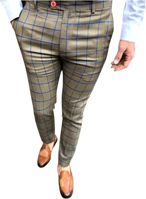 Slim Fit Plaid Pants for Men Casual Big & Tall Stretch Skinny Business Work Dress Pants Flat-Front Pocket Zipper Trouser Khaki