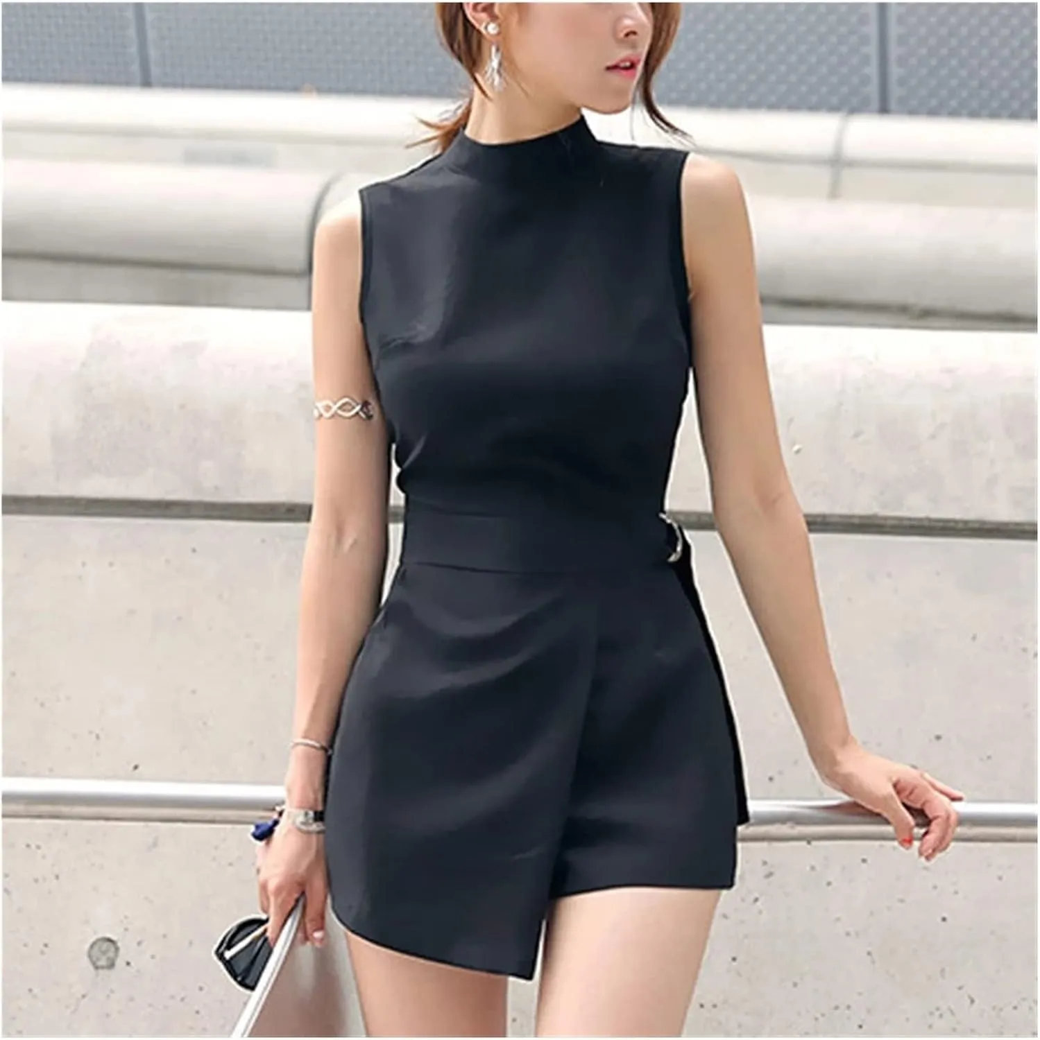 Slim Slimming Irregular Women's Belt Black Short Jumpsuit Solid Skinny Casual(XL Code)