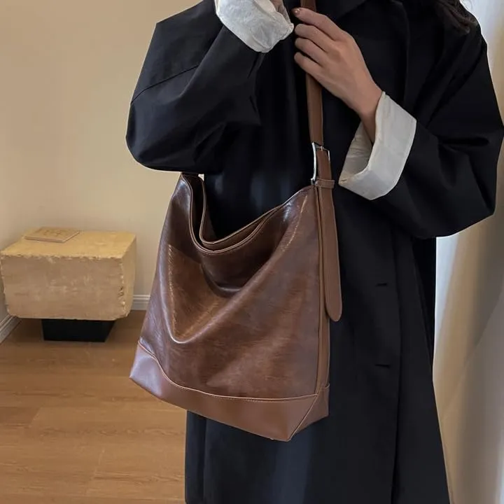 Slouchy Shoulder Bag Trendy Adjustable Hobo Bucket Crossbody Bag Soft Women Handbag Work College Tote Slouchy Purse (Brown)
