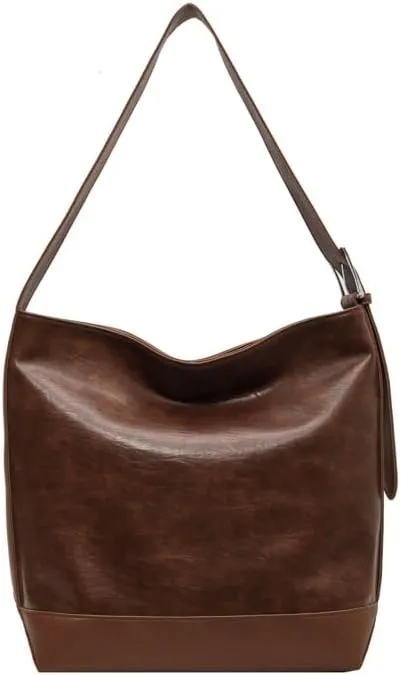 Slouchy Shoulder Bag Trendy Adjustable Hobo Bucket Crossbody Bag Soft Women Handbag Work College Tote Slouchy Purse (Brown)