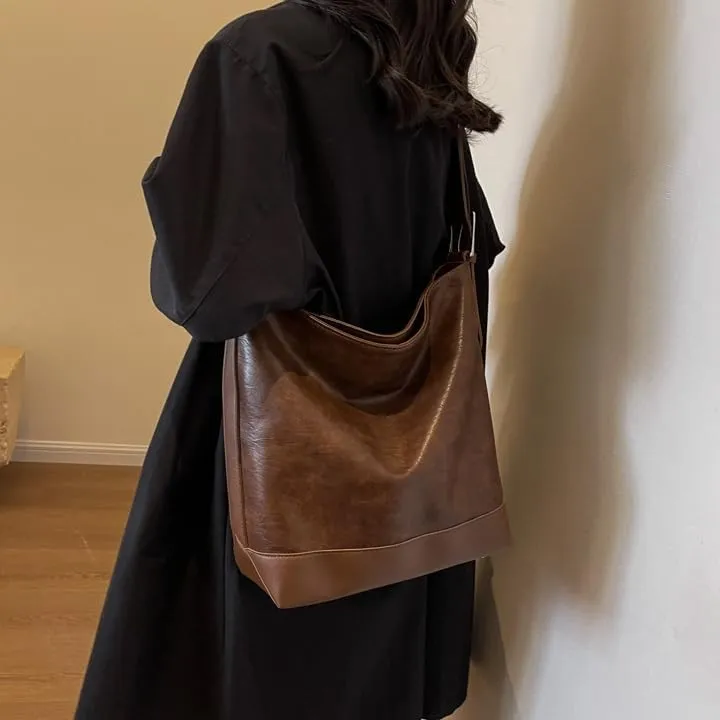 Slouchy Shoulder Bag Trendy Adjustable Hobo Bucket Crossbody Bag Soft Women Handbag Work College Tote Slouchy Purse (Brown)