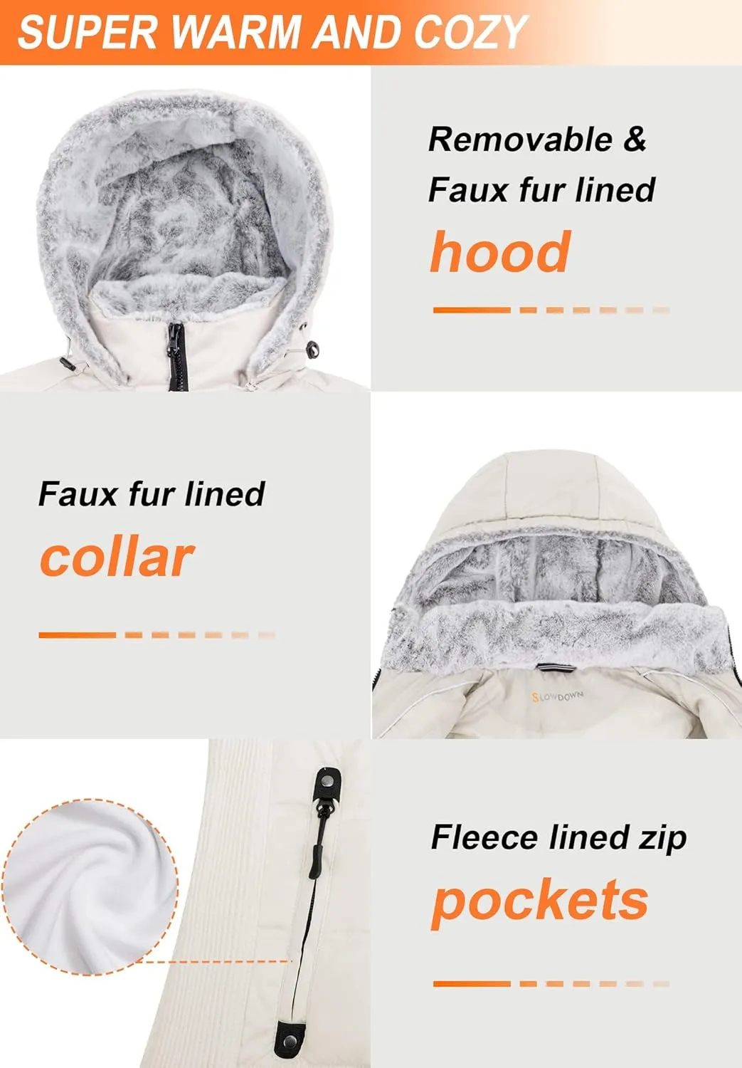 SLOW DOWN Women Down Puffer Jacket with Hood Hooded Winter Down Puffer Coat for Women with Faux-Fur Hood & Collar