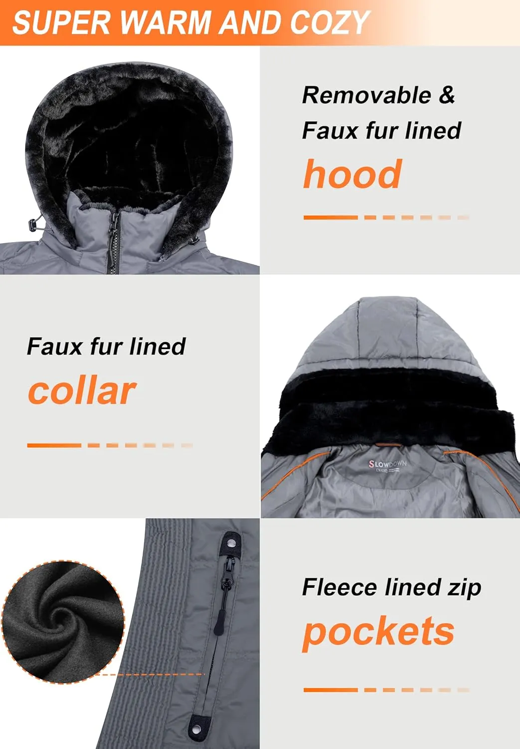 SLOW DOWN Women Down Puffer Jacket with Hood Hooded Winter Down Puffer Coat for Women with Faux-Fur Hood & Collar