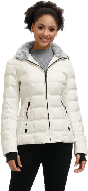 SLOW DOWN Women Down Puffer Jacket with Hood Hooded Winter Down Puffer Coat for Women with Faux-Fur Hood & Collar