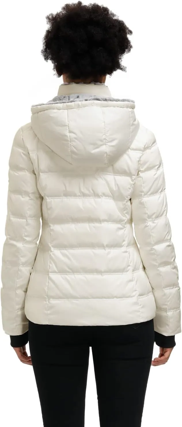 SLOW DOWN Women Down Puffer Jacket with Hood Hooded Winter Down Puffer Coat for Women with Faux-Fur Hood & Collar