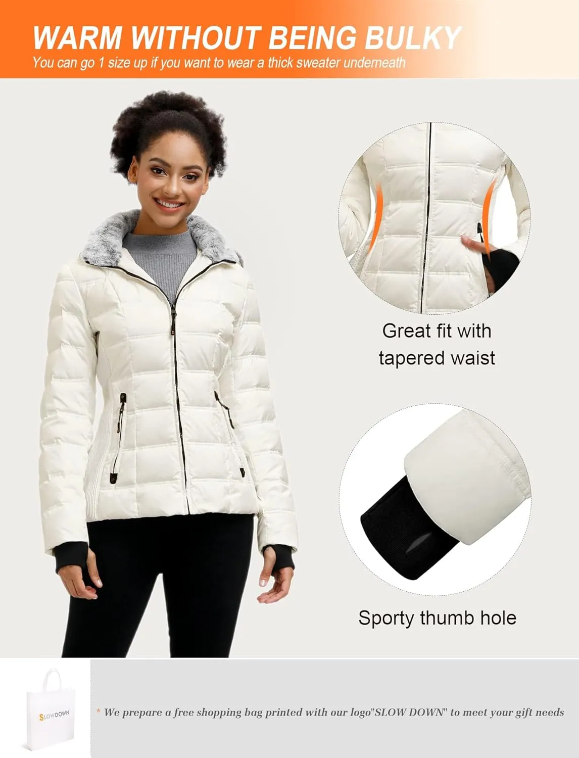 SLOW DOWN Women Down Puffer Jacket with Hood Hooded Winter Down Puffer Coat for Women with Faux-Fur Hood & Collar