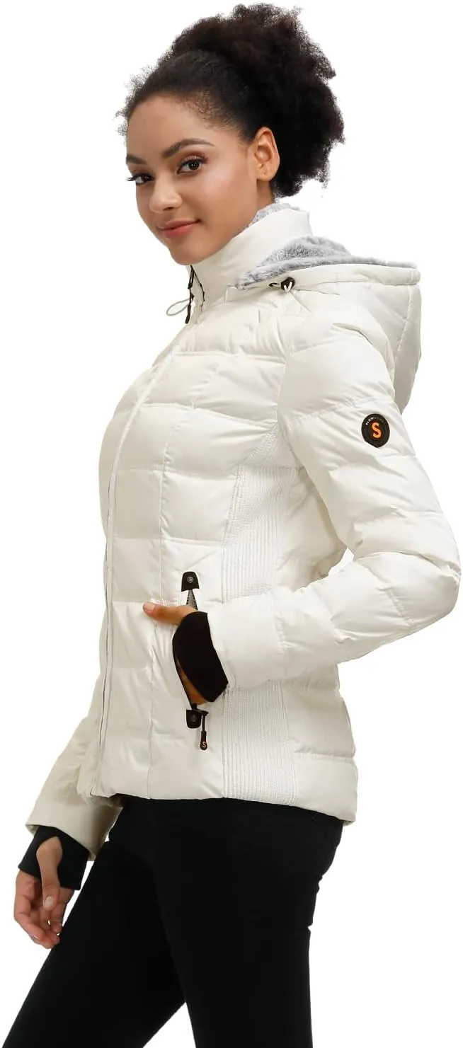 SLOW DOWN Women Down Puffer Jacket with Hood Hooded Winter Down Puffer Coat for Women with Faux-Fur Hood & Collar