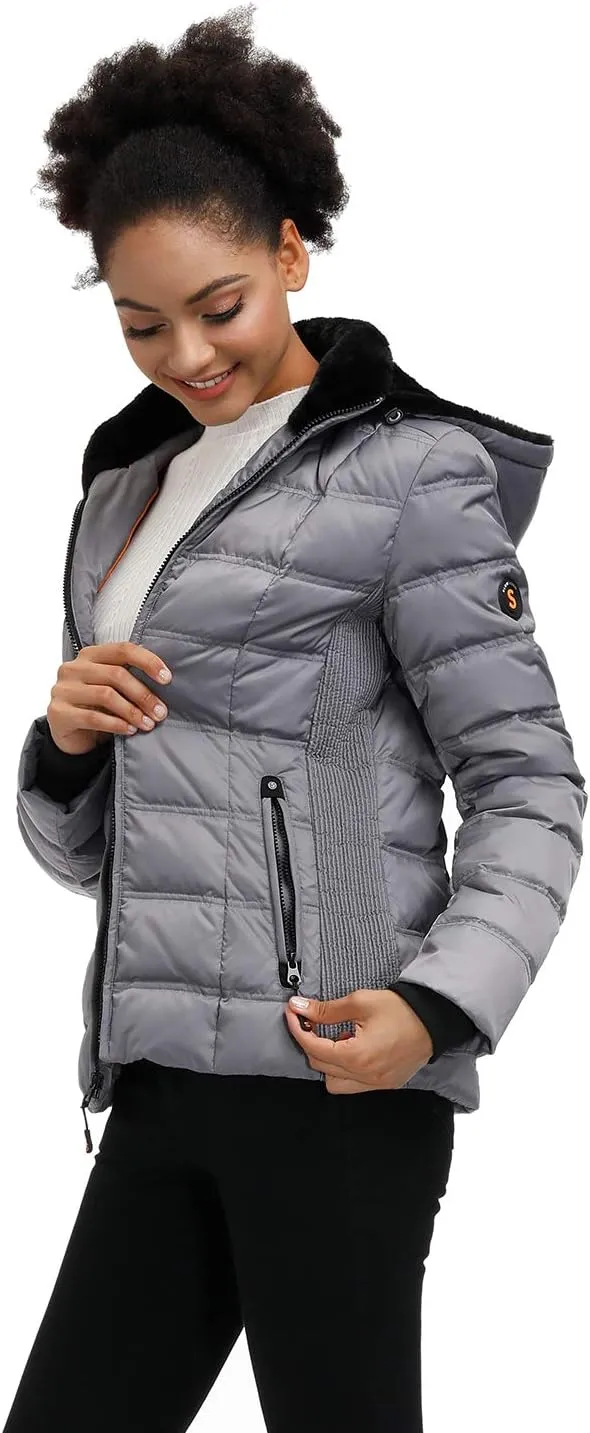 SLOW DOWN Women Down Puffer Jacket with Hood Hooded Winter Down Puffer Coat for Women with Faux-Fur Hood & Collar
