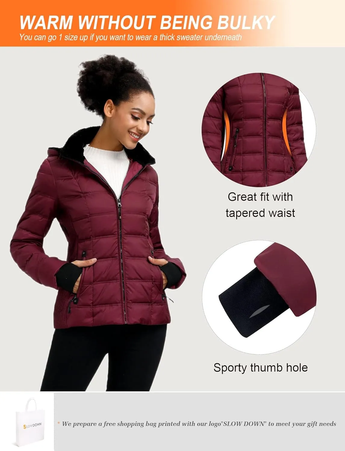 SLOW DOWN Women Down Puffer Jacket with Hood Hooded Winter Down Puffer Coat for Women with Faux-Fur Hood & Collar