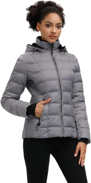 SLOW DOWN Women Down Puffer Jacket with Hood Hooded Winter Down Puffer Coat for Women with Faux-Fur Hood & Collar