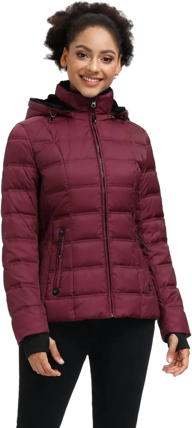 SLOW DOWN Women Down Puffer Jacket with Hood Hooded Winter Down Puffer Coat for Women with Faux-Fur Hood & Collar