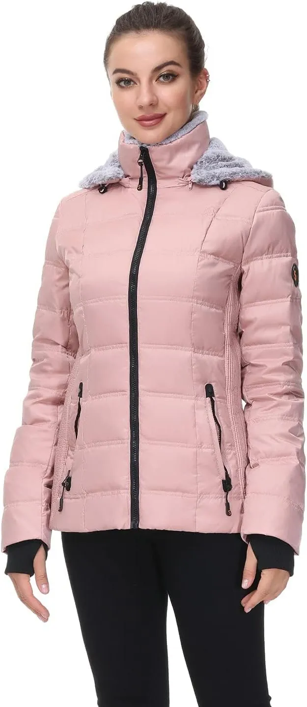 SLOW DOWN Women Down Puffer Jacket with Hood Hooded Winter Down Puffer Coat for Women with Faux-Fur Hood & Collar