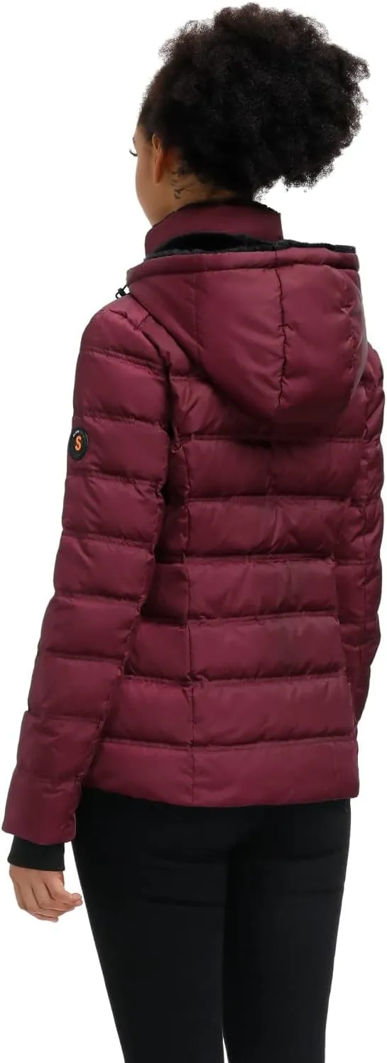 SLOW DOWN Women Down Puffer Jacket with Hood Hooded Winter Down Puffer Coat for Women with Faux-Fur Hood & Collar