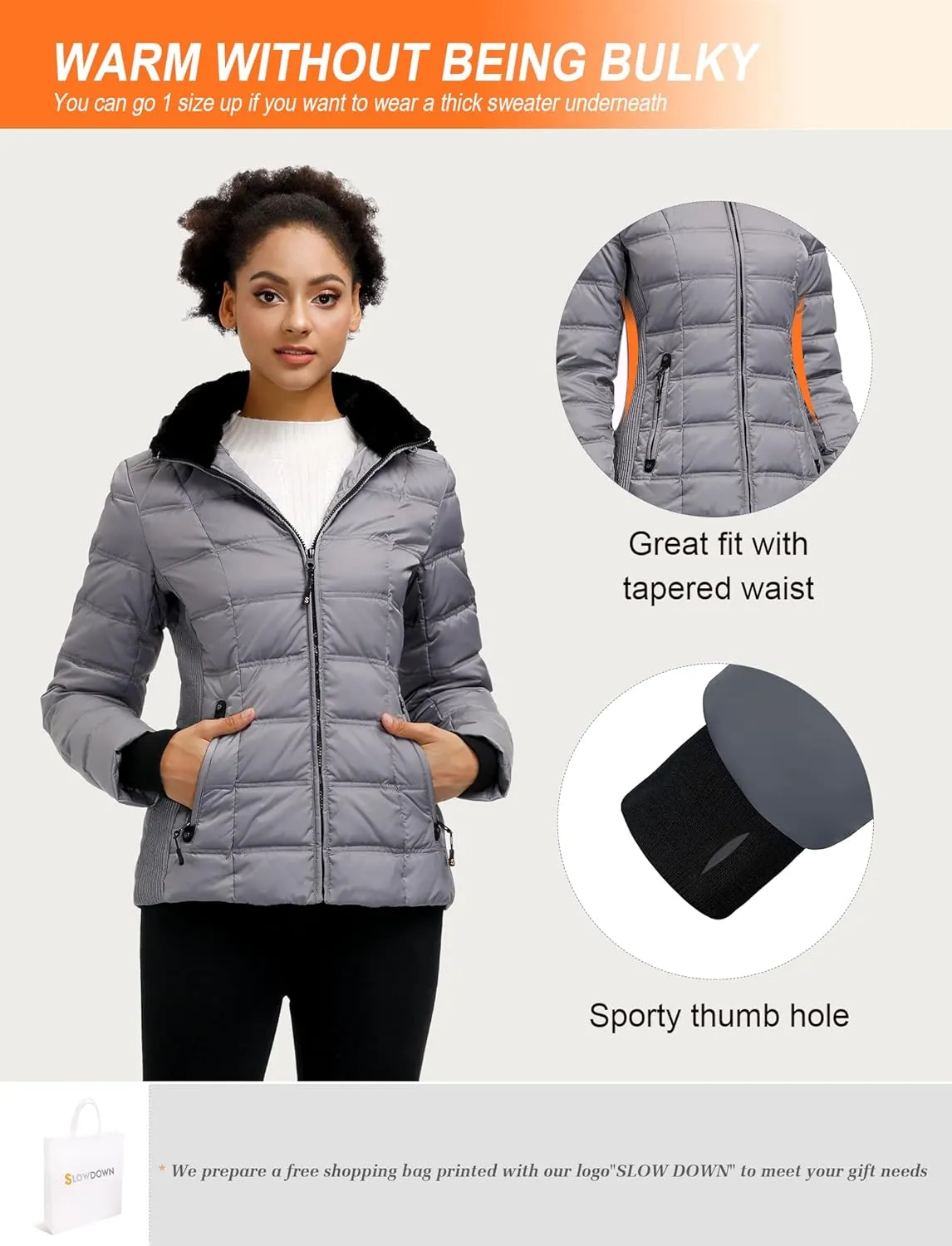 SLOW DOWN Women Down Puffer Jacket with Hood Hooded Winter Down Puffer Coat for Women with Faux-Fur Hood & Collar