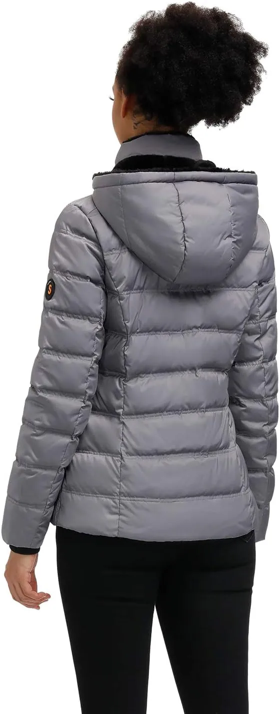 SLOW DOWN Women Down Puffer Jacket with Hood Hooded Winter Down Puffer Coat for Women with Faux-Fur Hood & Collar