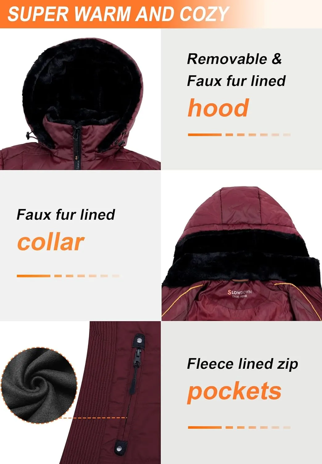 SLOW DOWN Women Down Puffer Jacket with Hood Hooded Winter Down Puffer Coat for Women with Faux-Fur Hood & Collar