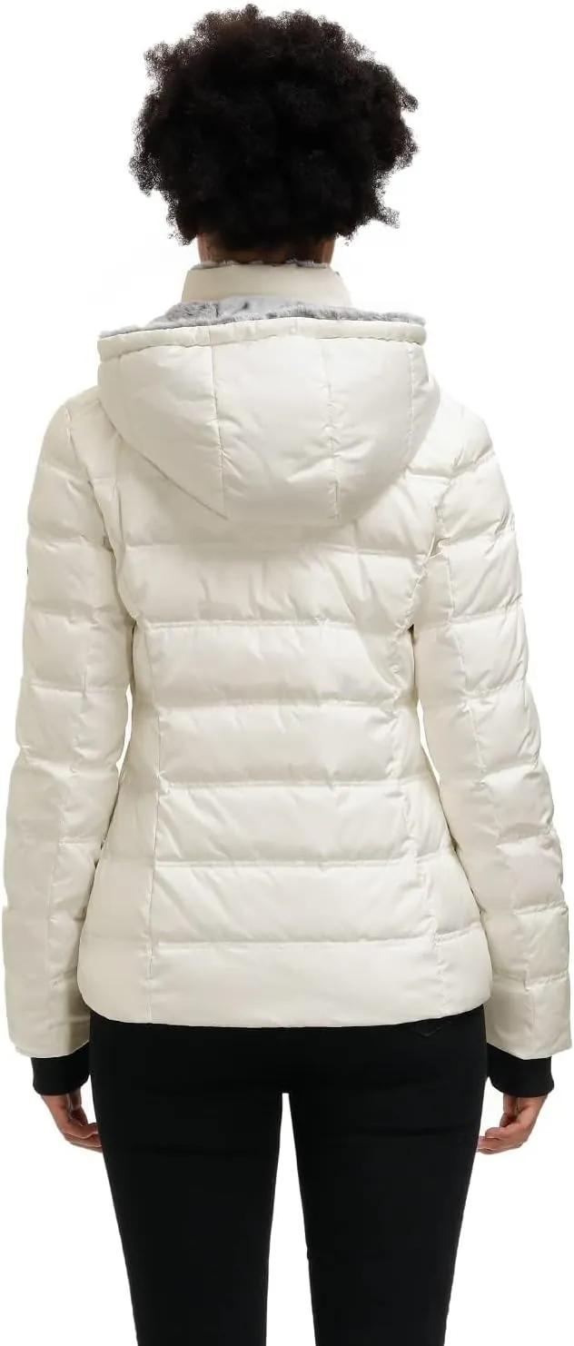 SLOW DOWN Women Down Puffer Jacket with Hood Hooded Winter Down Puffer Coat for Women with Faux-Fur Hood & Collar