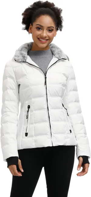SLOW DOWN Women Down Puffer Jacket with Hood Hooded Winter Down Puffer Coat for Women with Faux-Fur Hood & Collar