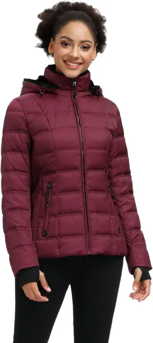 SLOW DOWN Women Down Puffer Jacket with Hood Hooded Winter Down Puffer Coat for Women with Faux-Fur Hood & Collar