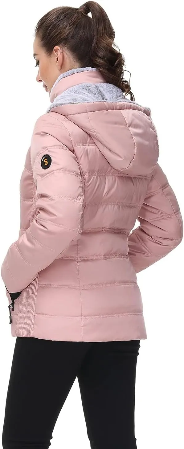 SLOW DOWN Women Down Puffer Jacket with Hood Hooded Winter Down Puffer Coat for Women with Faux-Fur Hood & Collar