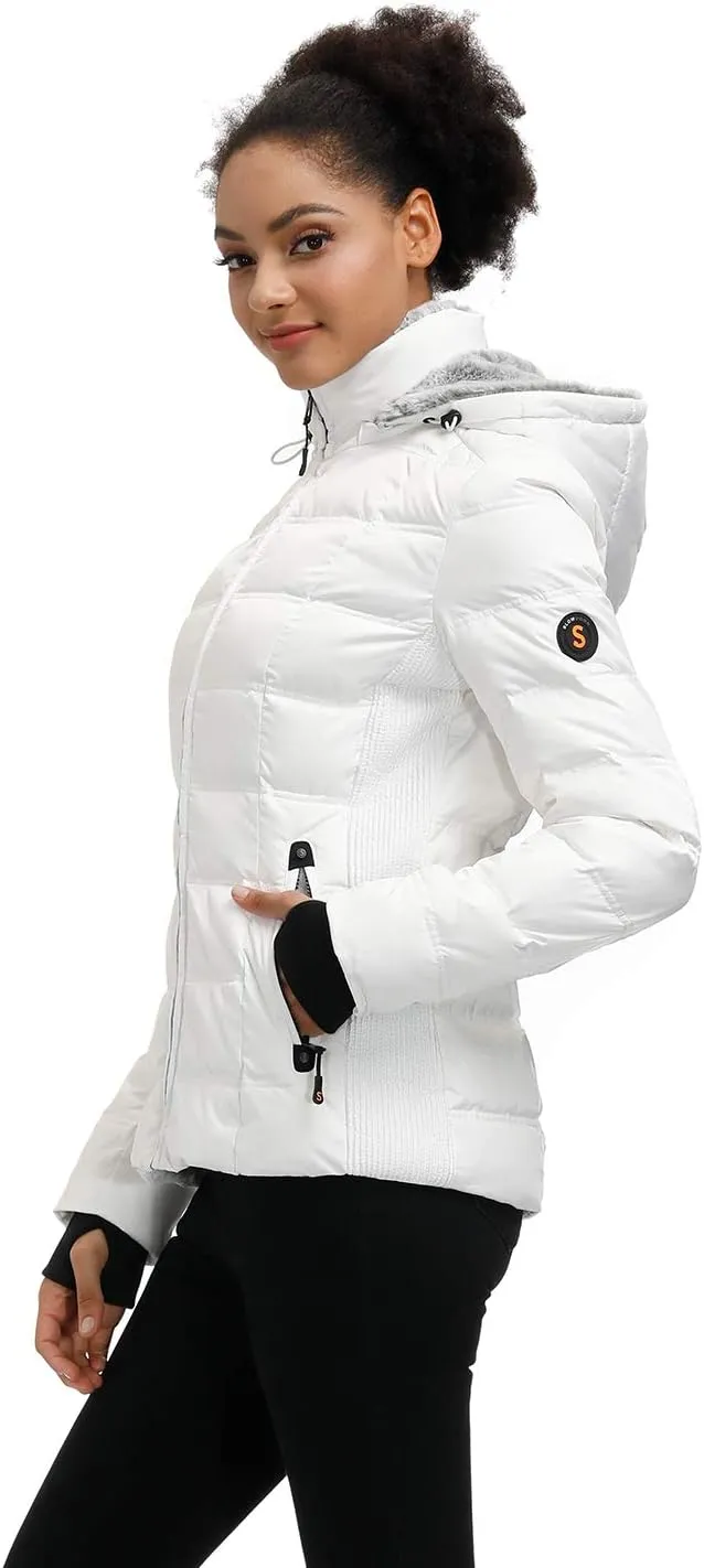 SLOW DOWN Women Down Puffer Jacket with Hood Hooded Winter Down Puffer Coat for Women with Faux-Fur Hood & Collar