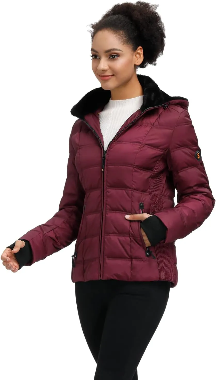 SLOW DOWN Women Down Puffer Jacket with Hood Hooded Winter Down Puffer Coat for Women with Faux-Fur Hood & Collar