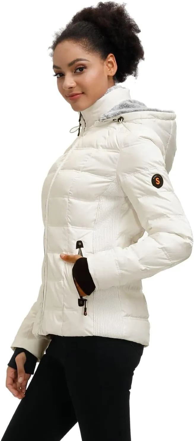 SLOW DOWN Women Down Puffer Jacket with Hood Hooded Winter Down Puffer Coat for Women with Faux-Fur Hood & Collar