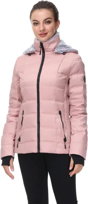 SLOW DOWN Women Down Puffer Jacket with Hood Hooded Winter Down Puffer Coat for Women with Faux-Fur Hood & Collar