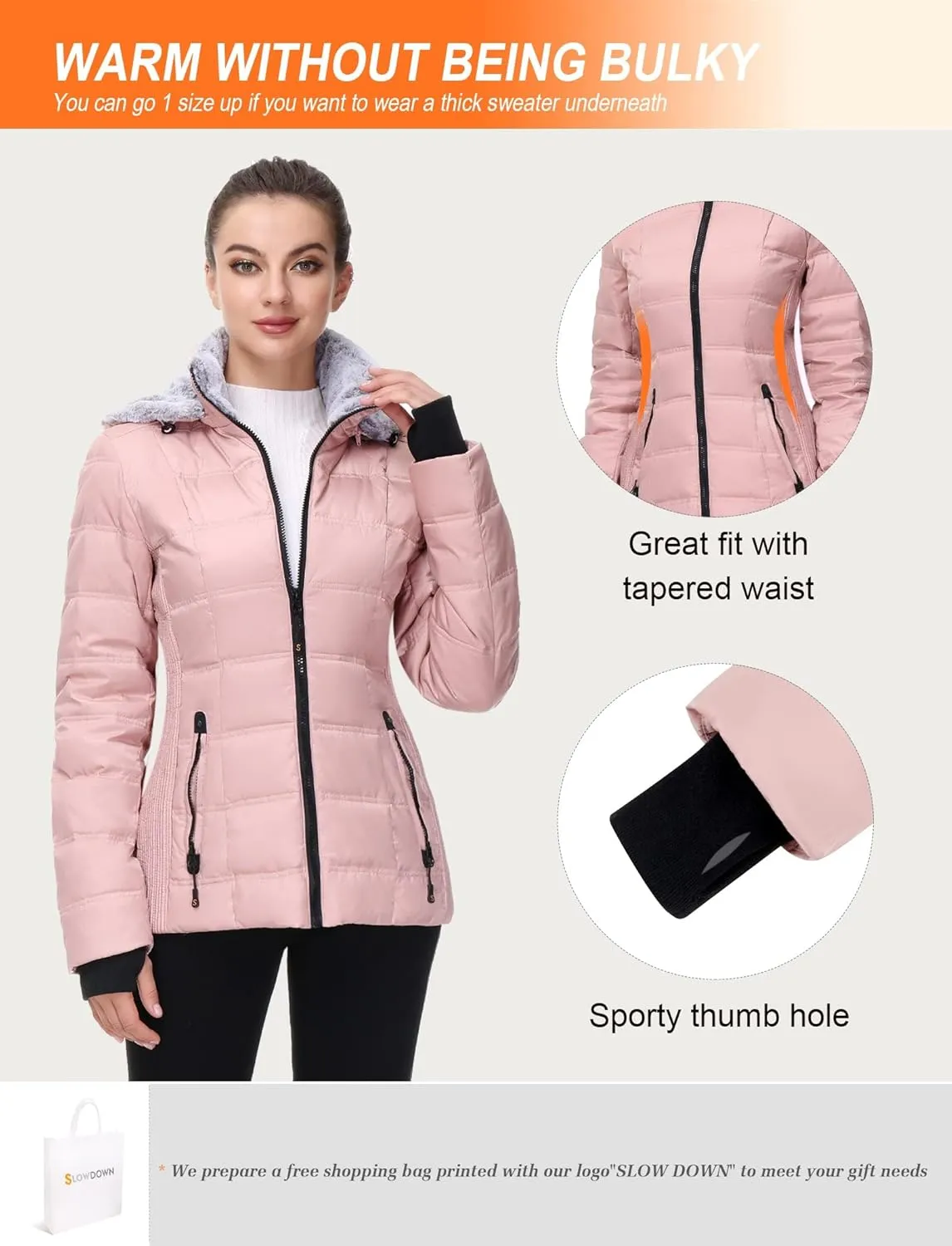 SLOW DOWN Women Down Puffer Jacket with Hood Hooded Winter Down Puffer Coat for Women with Faux-Fur Hood & Collar
