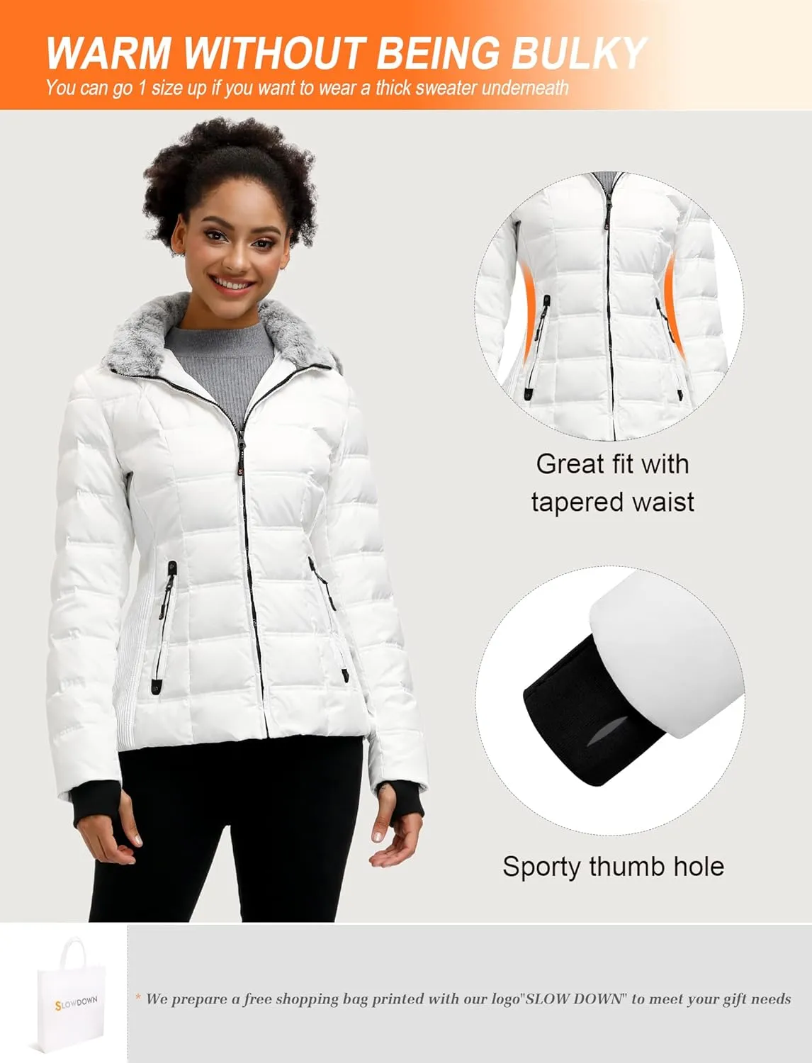 SLOW DOWN Women Down Puffer Jacket with Hood Hooded Winter Down Puffer Coat for Women with Faux-Fur Hood & Collar
