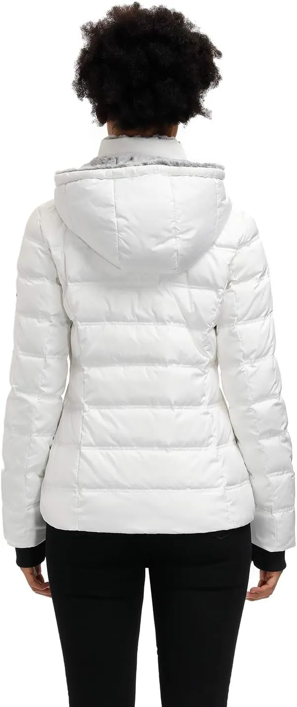 SLOW DOWN Women Down Puffer Jacket with Hood Hooded Winter Down Puffer Coat for Women with Faux-Fur Hood & Collar