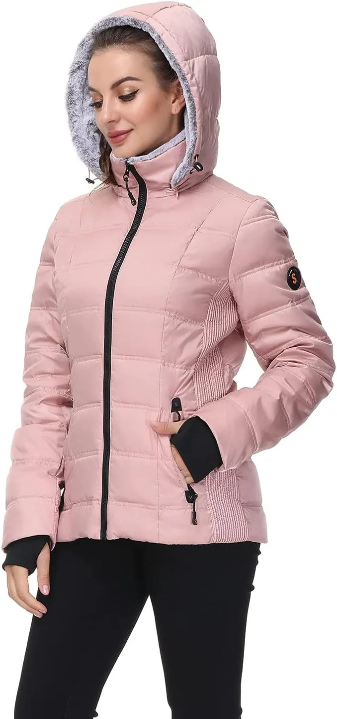 SLOW DOWN Women Down Puffer Jacket with Hood Hooded Winter Down Puffer Coat for Women with Faux-Fur Hood & Collar