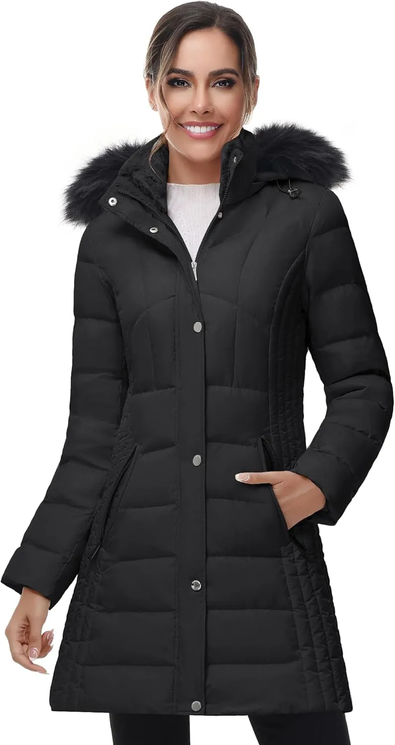 SLOW DOWN Women Winter Down Puffer Coat Warm Hooded Mid-Length Down Jacket for Women with Faux Fur Trim Hood and Pile Collar