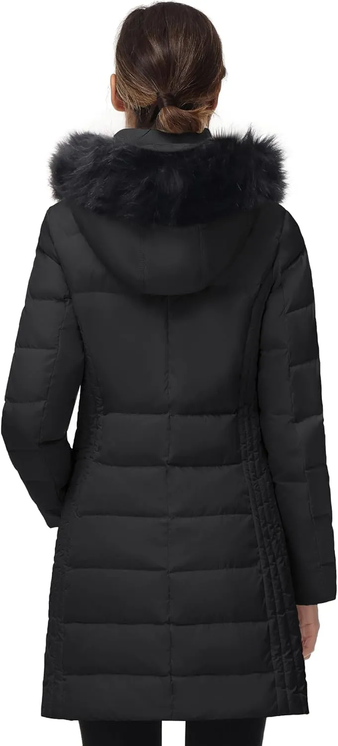 SLOW DOWN Women Winter Down Puffer Coat Warm Hooded Mid-Length Down Jacket for Women with Faux Fur Trim Hood and Pile Collar