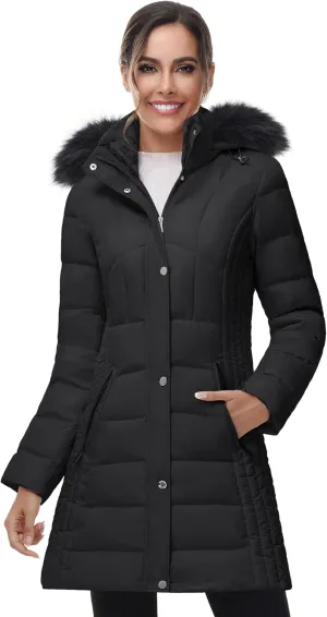 SLOW DOWN Women Winter Down Puffer Coat Warm Hooded Mid-Length Down Jacket for Women with Faux Fur Trim Hood and Pile Collar
