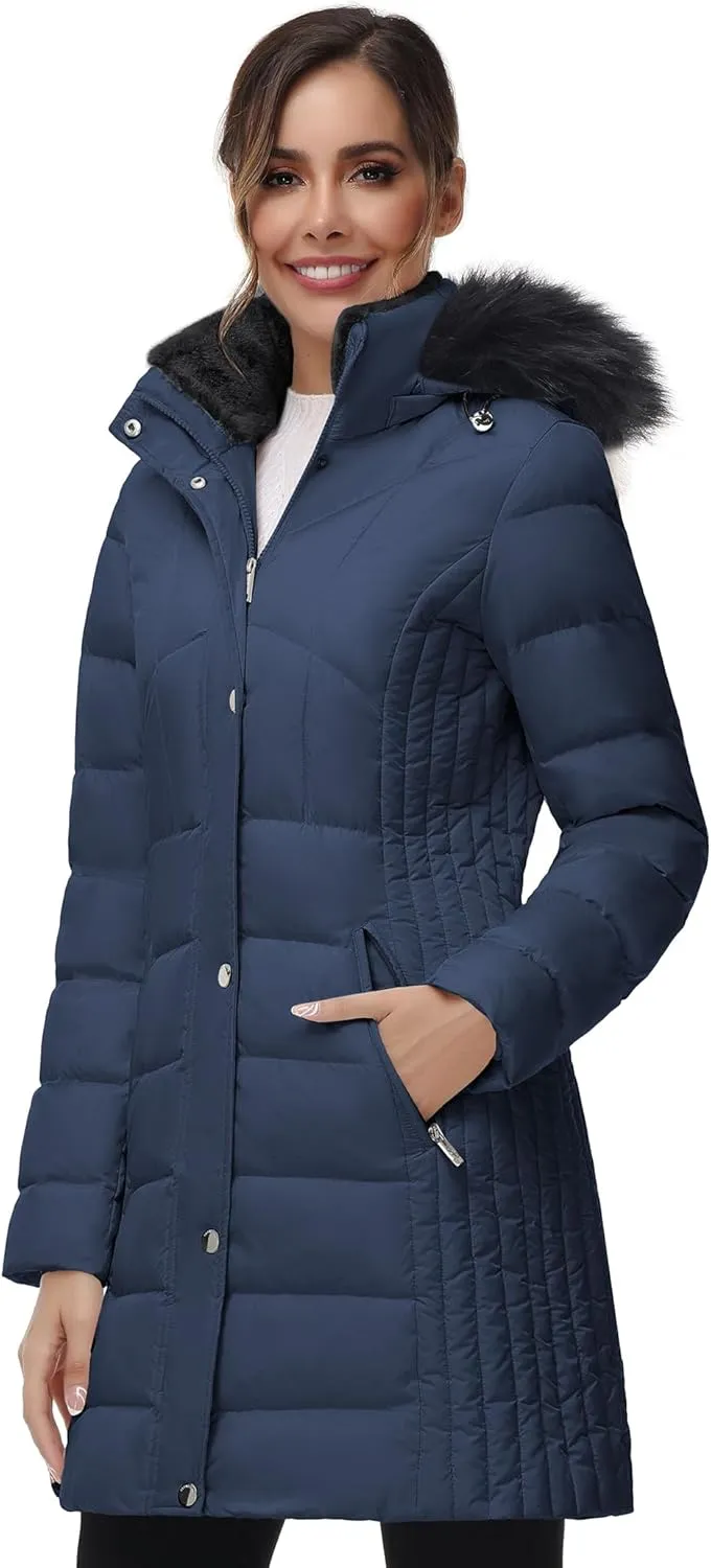 SLOW DOWN Women Winter Down Puffer Coat Warm Hooded Mid-Length Down Jacket for Women with Faux Fur Trim Hood and Pile Collar