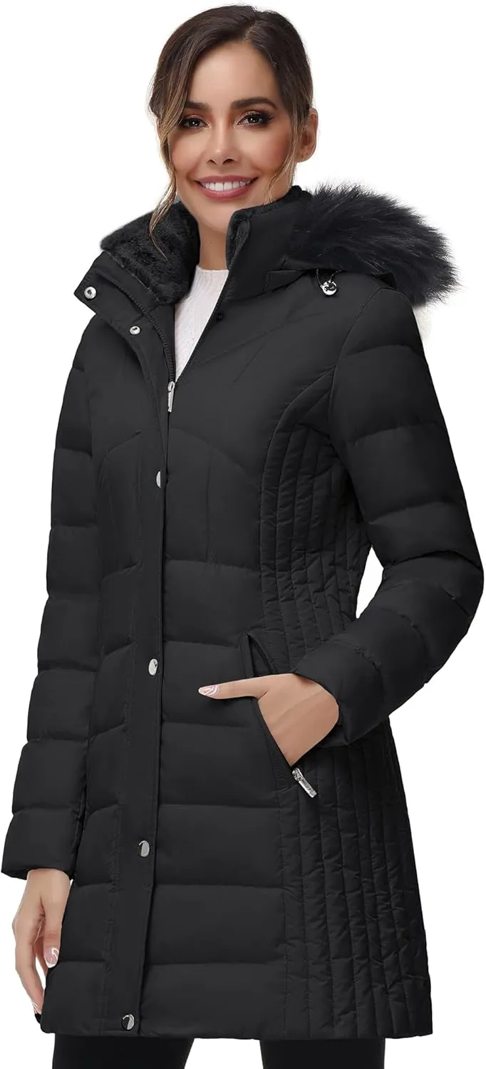 SLOW DOWN Women Winter Down Puffer Coat Warm Hooded Mid-Length Down Jacket for Women with Faux Fur Trim Hood and Pile Collar