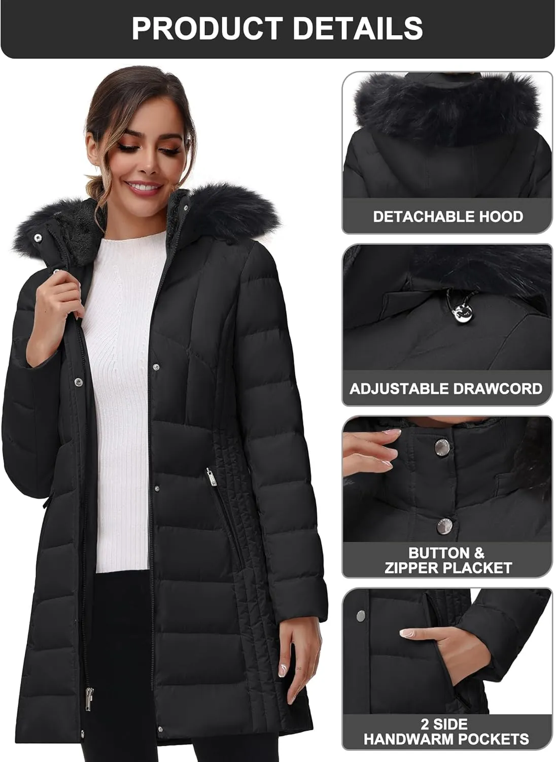 SLOW DOWN Women Winter Down Puffer Coat Warm Hooded Mid-Length Down Jacket for Women with Faux Fur Trim Hood and Pile Collar