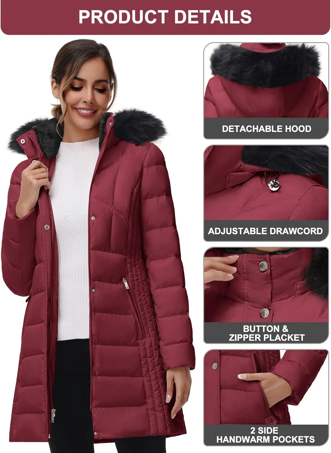 SLOW DOWN Women Winter Down Puffer Coat Warm Hooded Mid-Length Down Jacket for Women with Faux Fur Trim Hood and Pile Collar