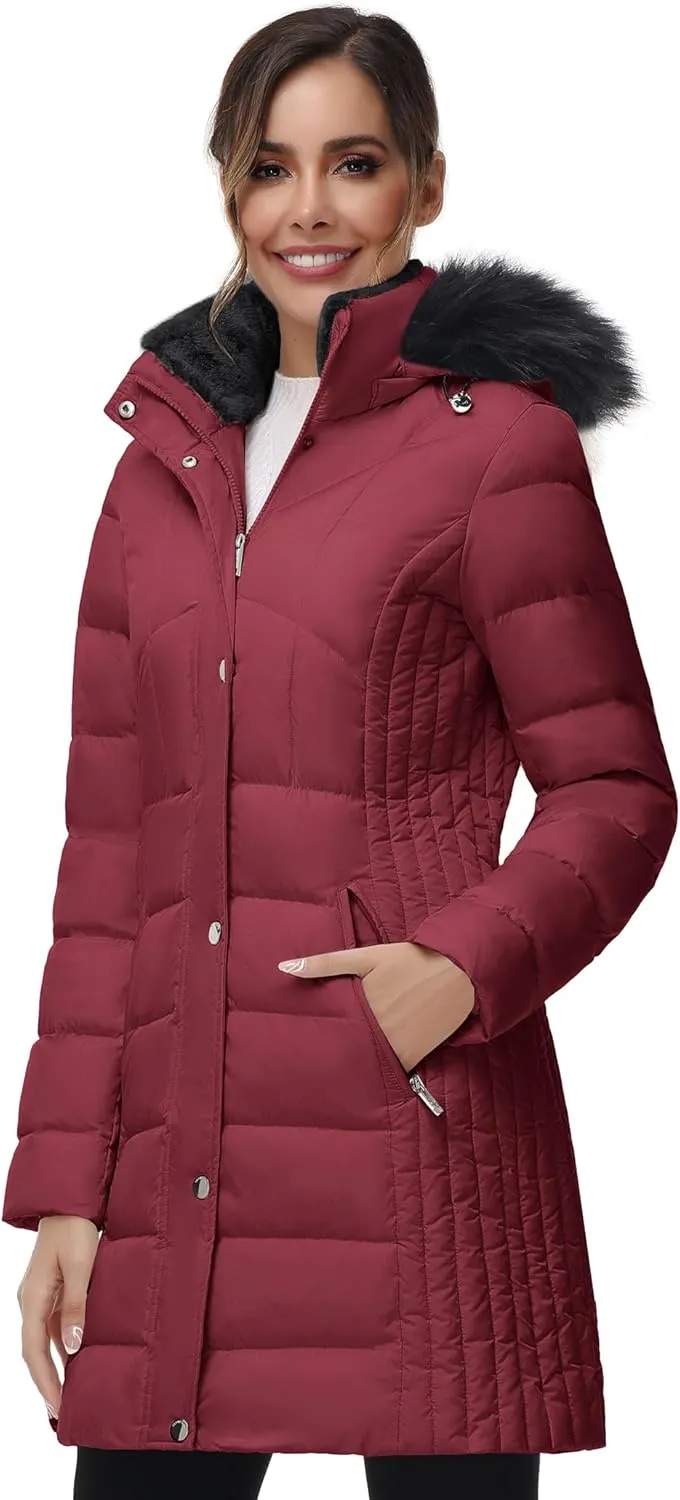 SLOW DOWN Women Winter Down Puffer Coat Warm Hooded Mid-Length Down Jacket for Women with Faux Fur Trim Hood and Pile Collar