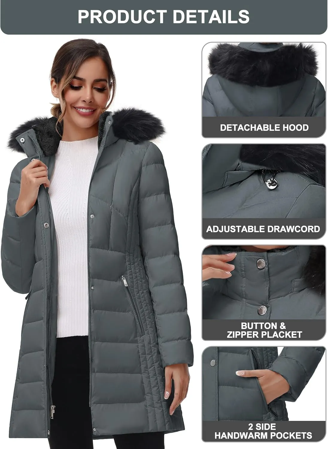 SLOW DOWN Women Winter Down Puffer Coat Warm Hooded Mid-Length Down Jacket for Women with Faux Fur Trim Hood and Pile Collar