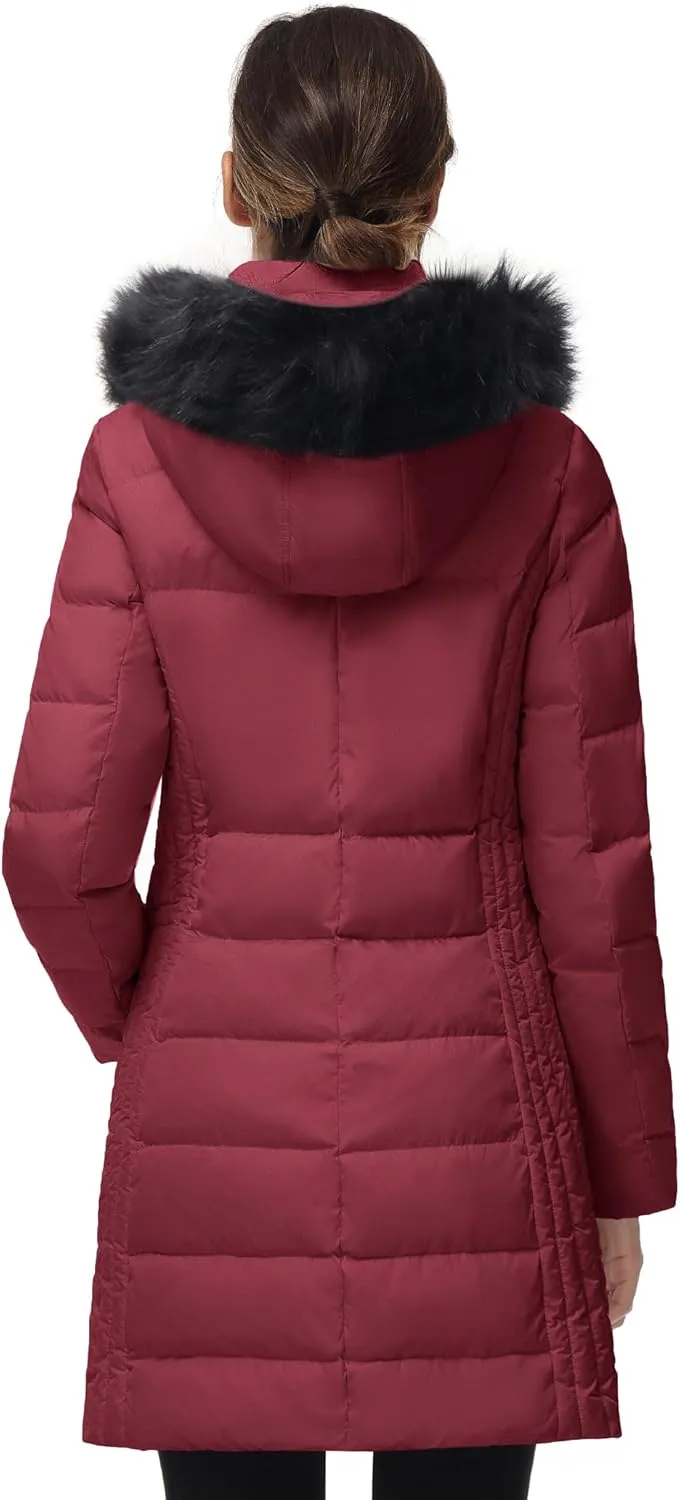 SLOW DOWN Women Winter Down Puffer Coat Warm Hooded Mid-Length Down Jacket for Women with Faux Fur Trim Hood and Pile Collar