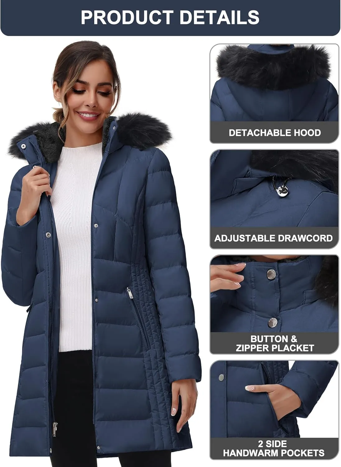 SLOW DOWN Women Winter Down Puffer Coat Warm Hooded Mid-Length Down Jacket for Women with Faux Fur Trim Hood and Pile Collar
